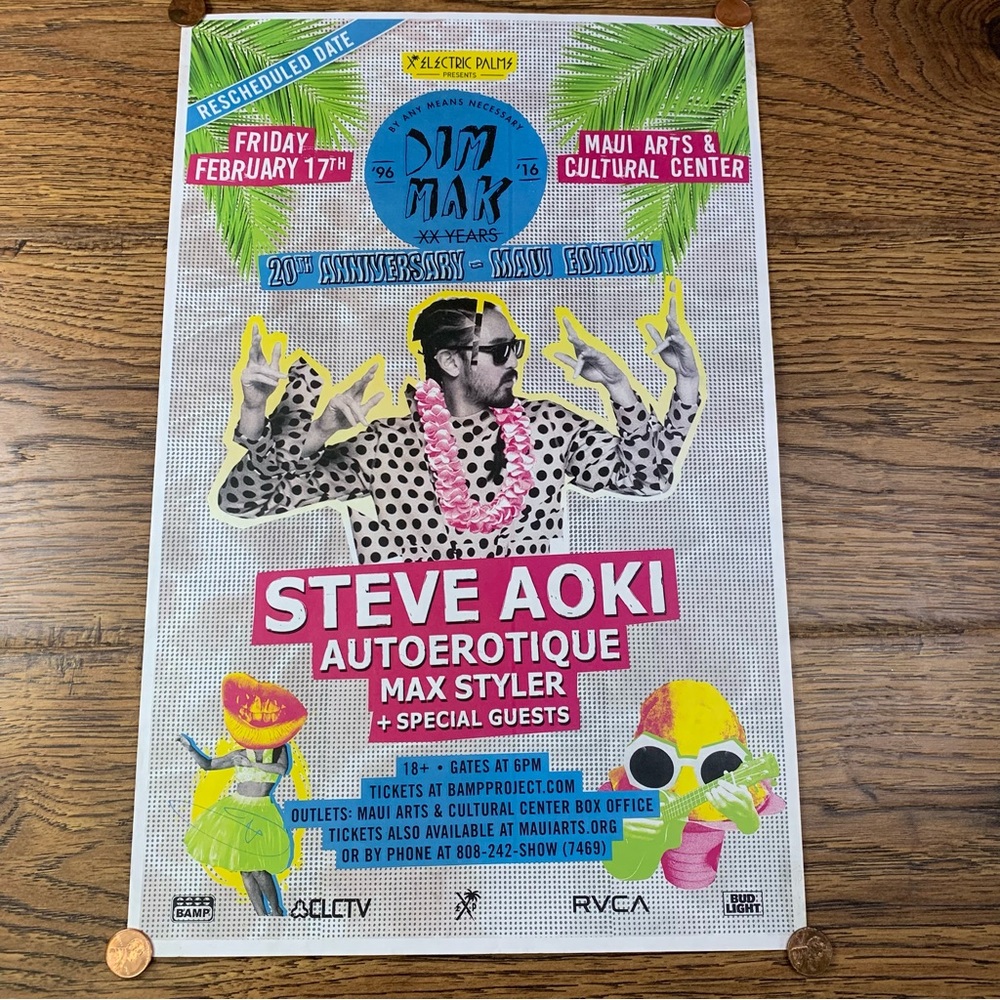 USED Steve Aoki Maui Hawaii Dim Mak 20 YR Concert Poster 2016 / 2017 - 17” x 11”